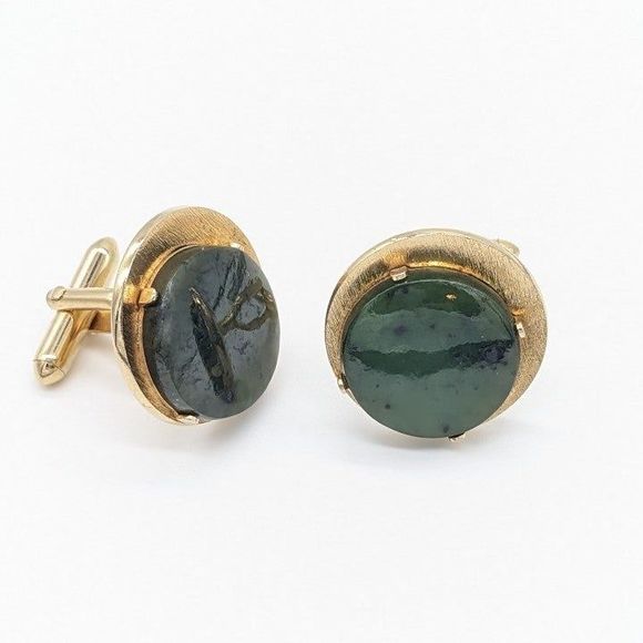 Signed Vintage SWANK Karat Gold MCM Genuine Jade Cufflinks & Tie Tack Pin Set - Picture 2 of 12